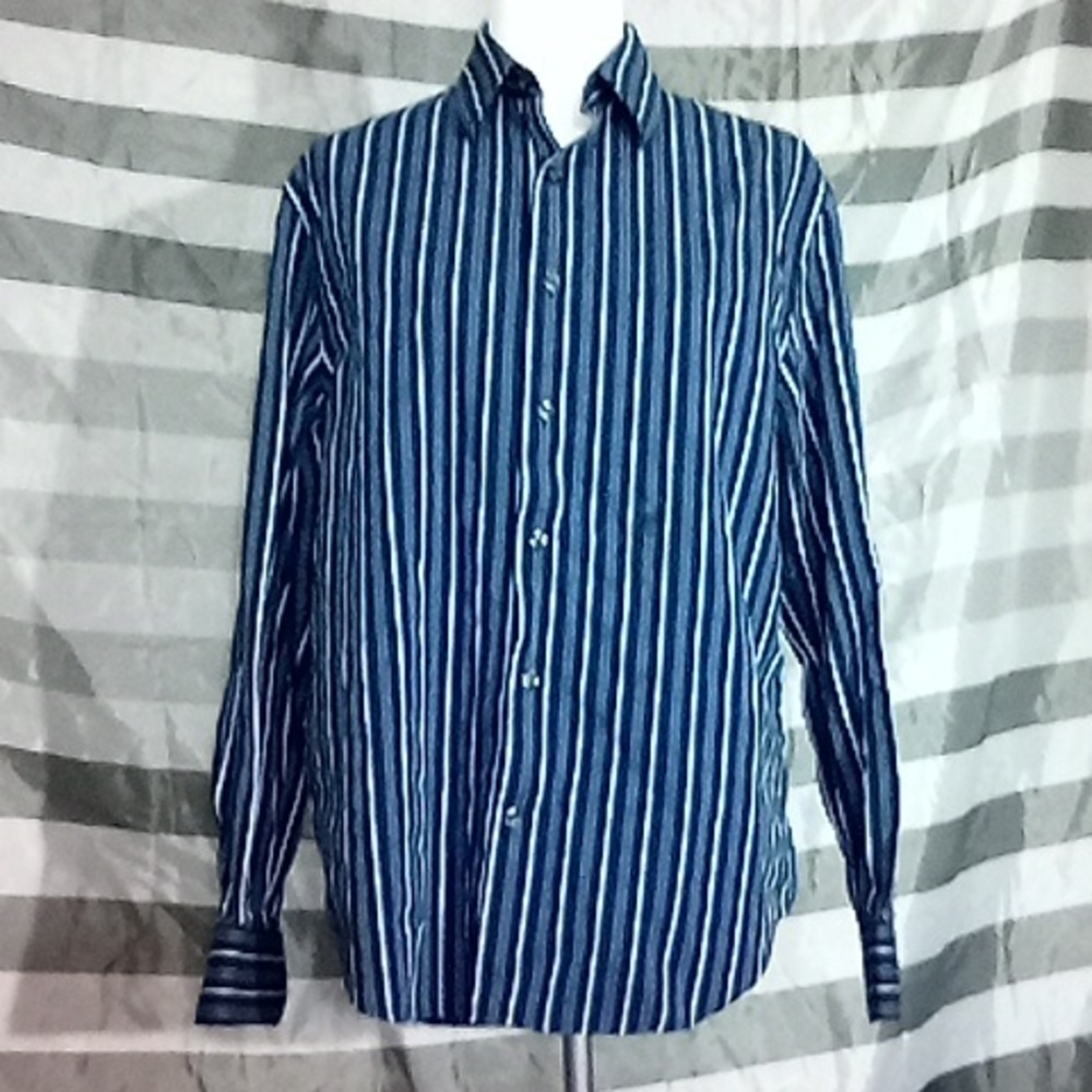 Perry Ellis Medium Men's Long Sleeve Button Up Dress Shirt Blue/White Stripes - Picture 1 of 8